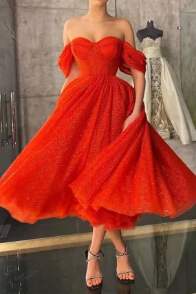 Shiny Red Tulle Off the Shoulder Tea Length Prom Dress, Off Shoulder Red Homecoming Dress, Red Tulle Formal Graduation Evening Dress A1542
