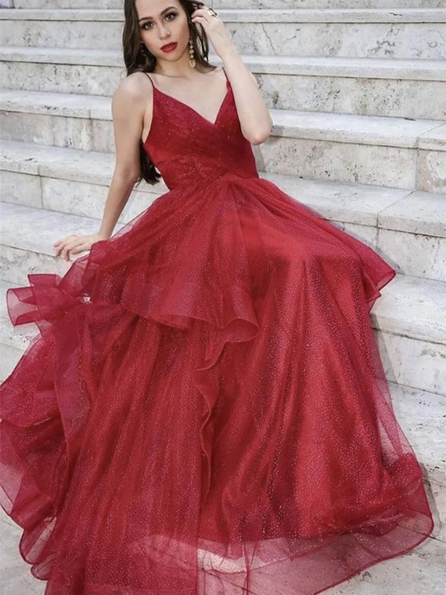 Shiny V Neck Sequins Burgundy Long Prom, V Neck Burgundy Formal, Sparkly Burgundy Evening