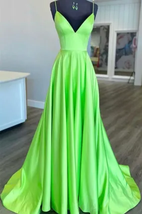 Simple A Line V Neck Green Satin Long Prom Dress, V Neck Green Formal Graduation Evening Dress A1501