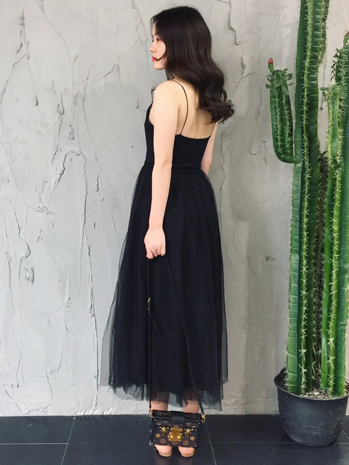 Simple V Neck Open Back Black Tea Length Prom Homecoming, Thin Straps Black Formal Graduation Evening