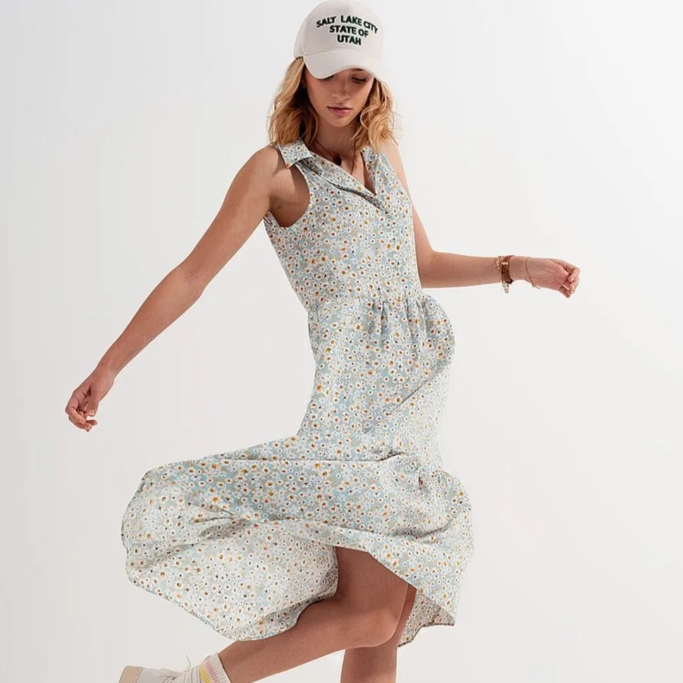 Sleeveless Shirt Dress in Blue Floral Print