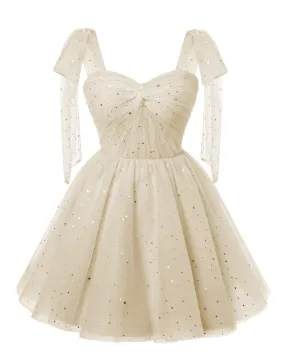 Sparkly Starry Light Champagne Tulle Short Homecoming Dresses Spaghetti Bow Straps Prom Dress Sequin Cocktail Party Dress for Teens