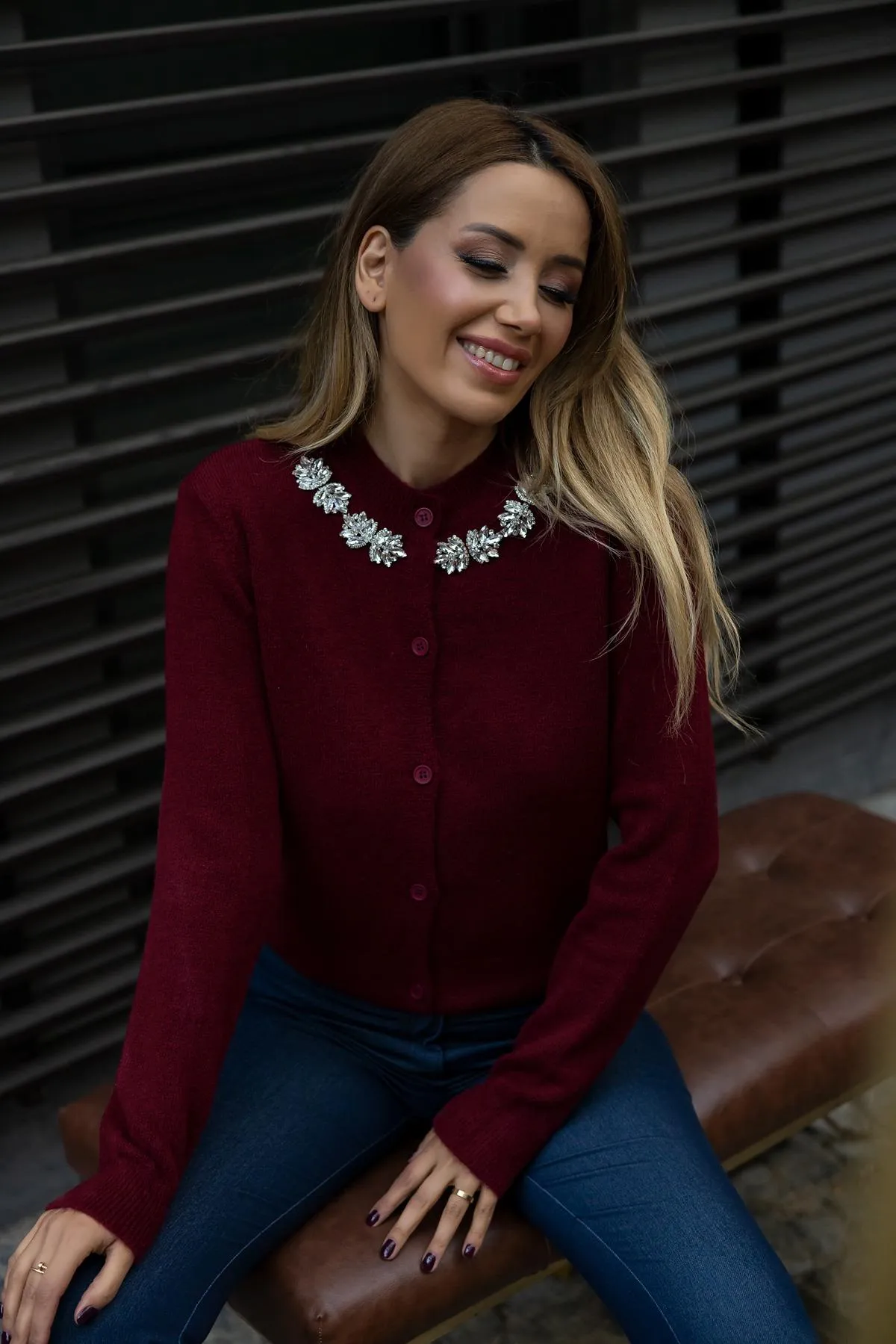 Stone Detailed Knitted Cardigan - CLARET RED