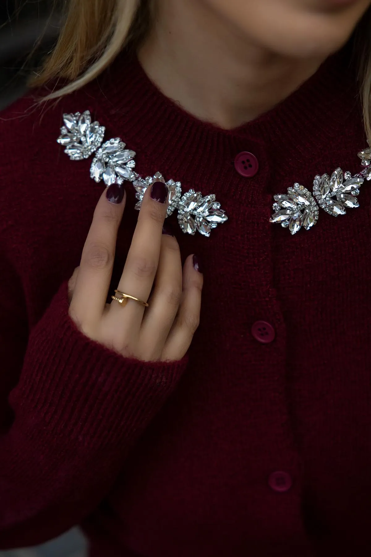 Stone Detailed Knitted Cardigan - CLARET RED