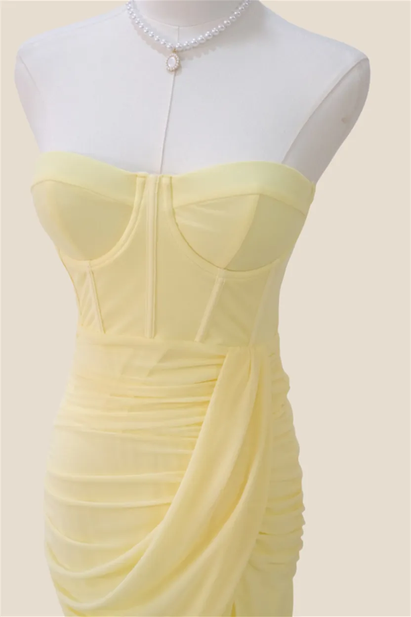 Strapless Light Yellow Ruched Long Dress with Slit