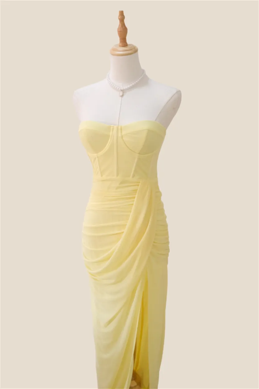 Strapless Light Yellow Ruched Long Dress with Slit