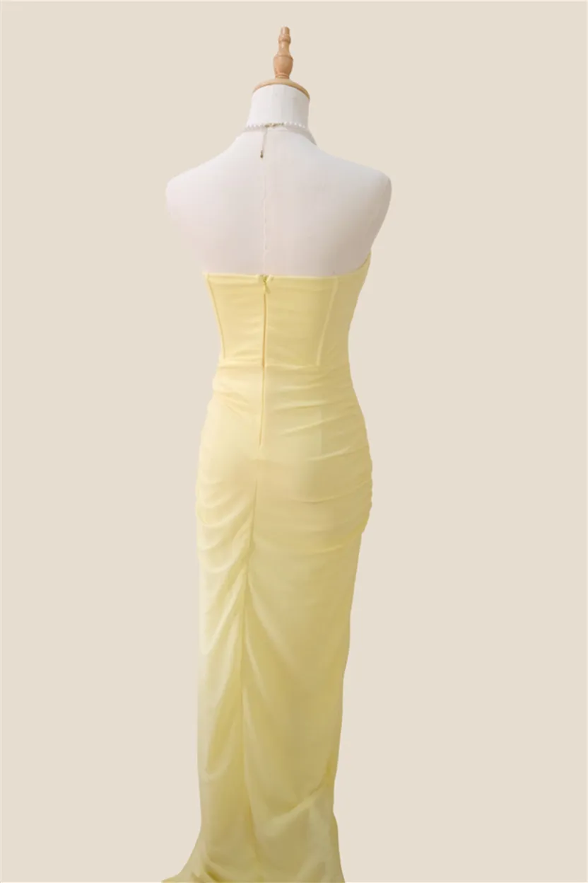 Strapless Light Yellow Ruched Long Dress with Slit