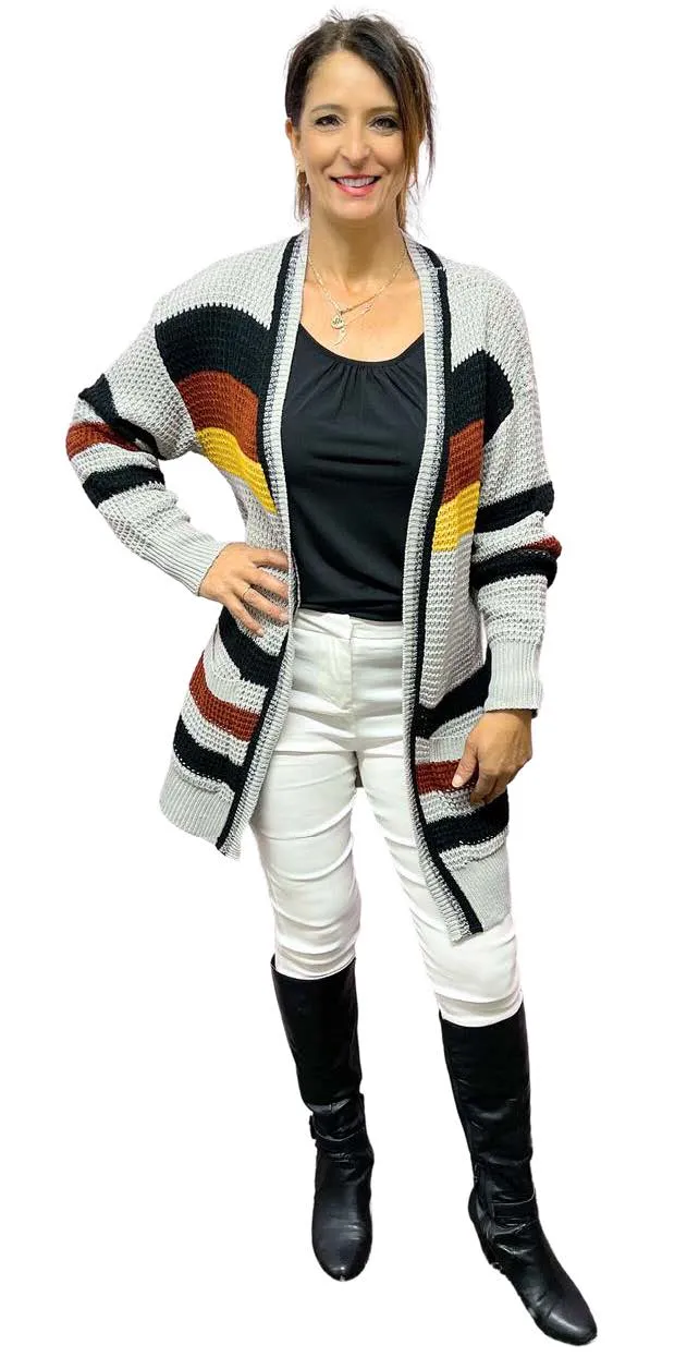 Striped Knit Cardigan - Grey
