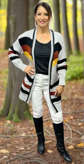 Striped Knit Cardigan - Grey