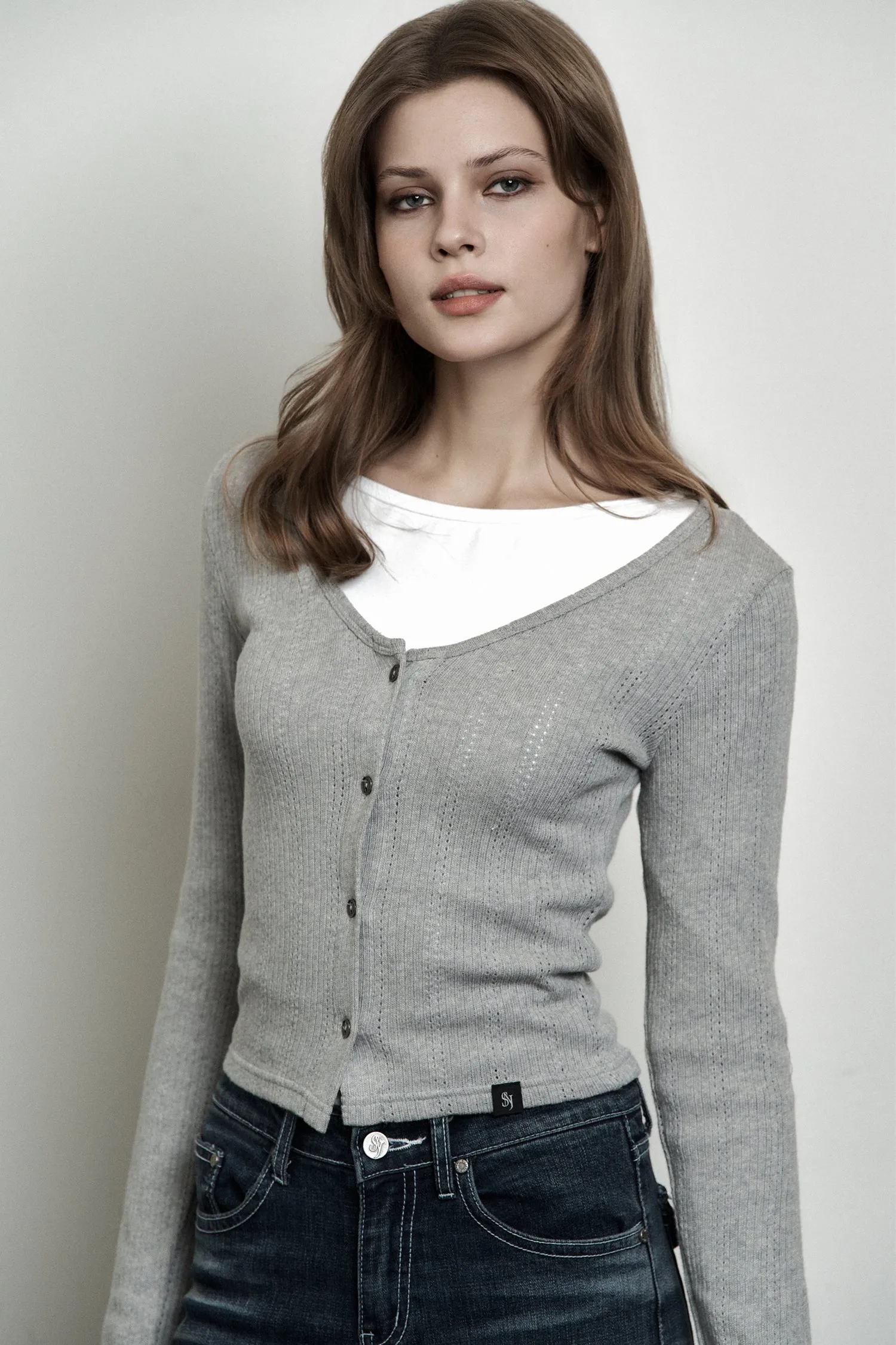 [SYNERJYN] FW 24 PLAIN V-NECK CARDIGAN MELANGE