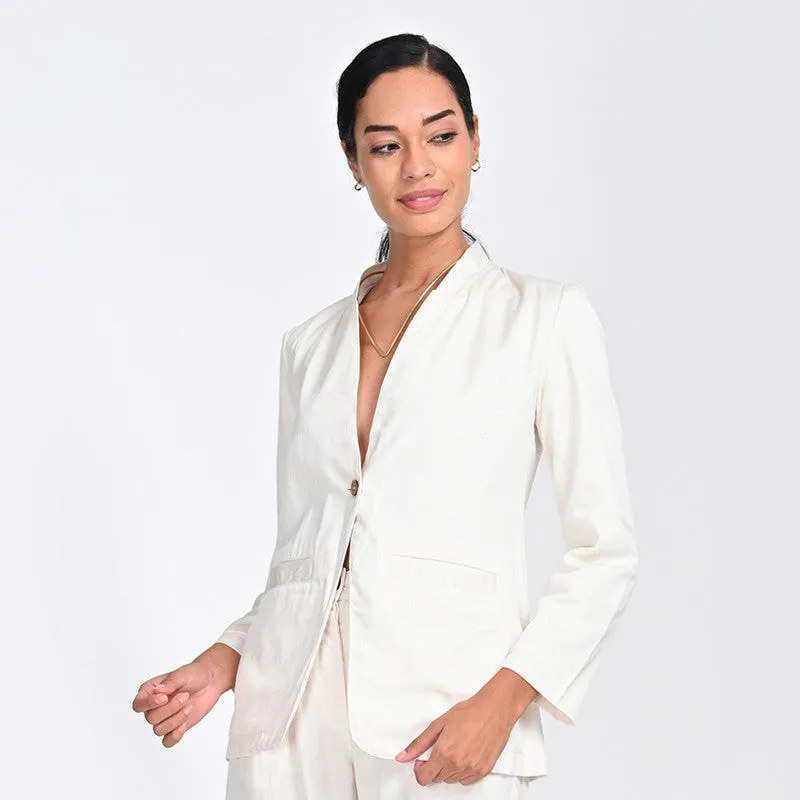 Tencel Blazer For Women | V Neck | Single Button | Off White