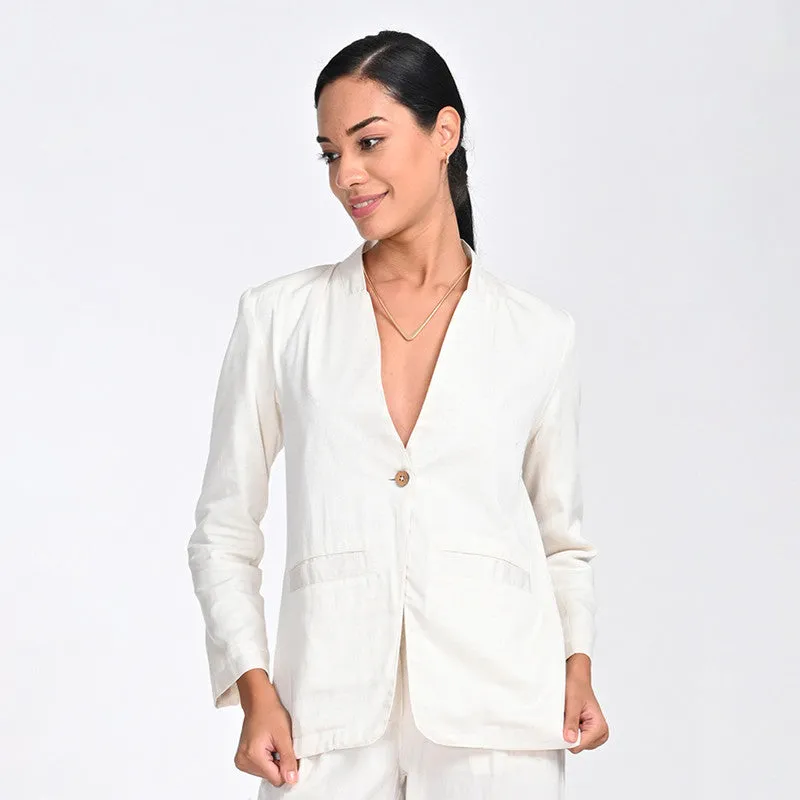 Tencel Blazer For Women | V Neck | Single Button | Off White