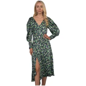 Topshop Women's Longsleeve Satin Floral Print Midi Dress - Green