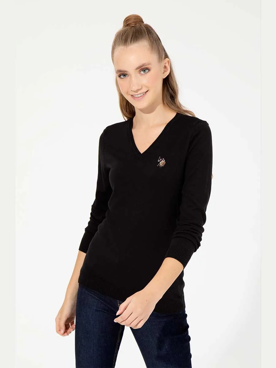 USPA Women Jumper V/Neck Multi Logo Black VR046 USPJR320