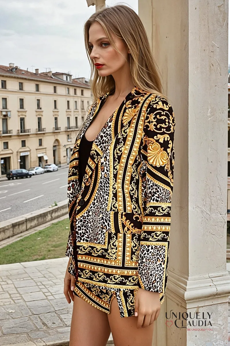Vittoria Baroque Leopard Print Blazer and Skirt Set
