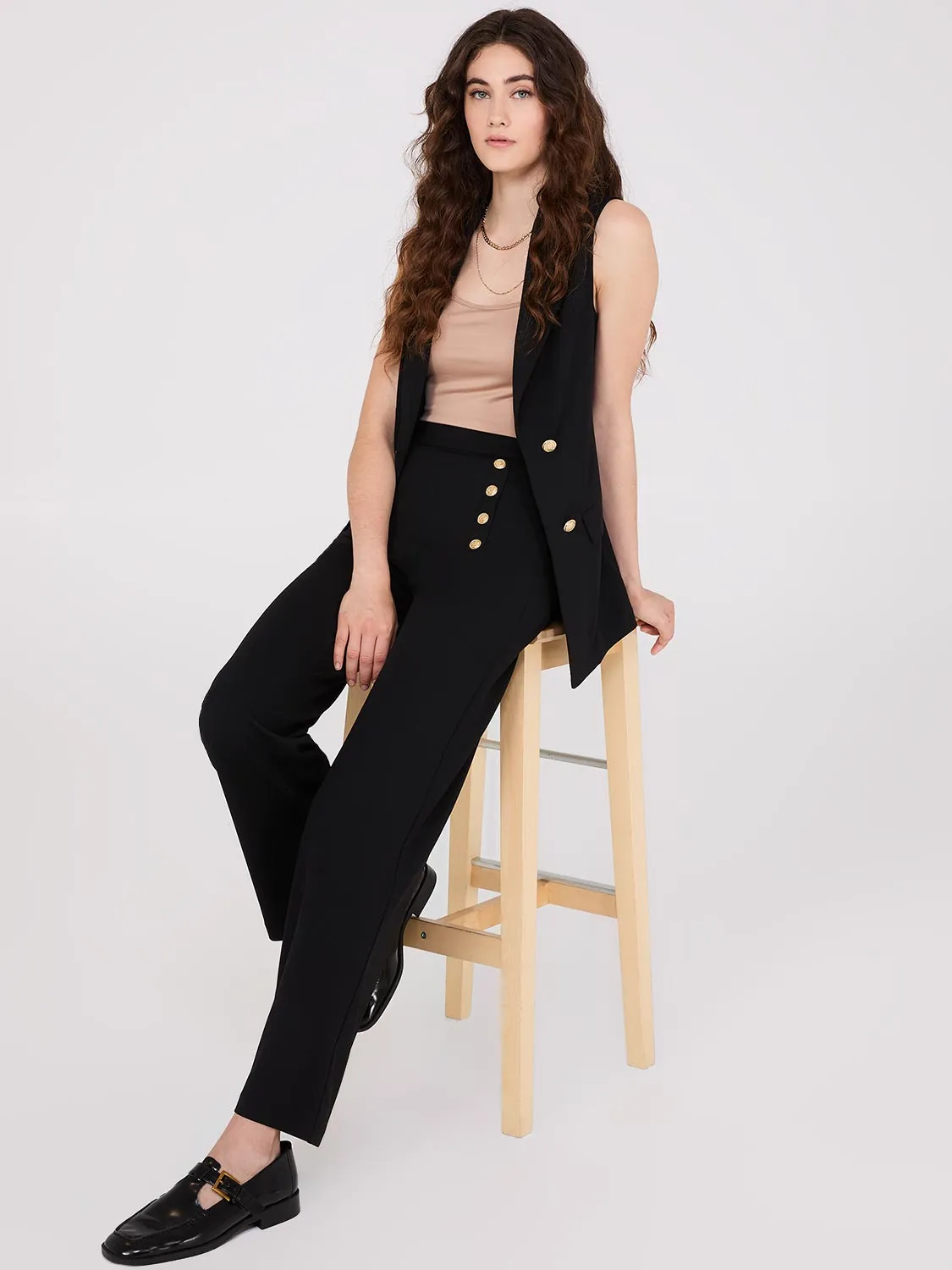 Wide-Leg Pants With Gold Button Details