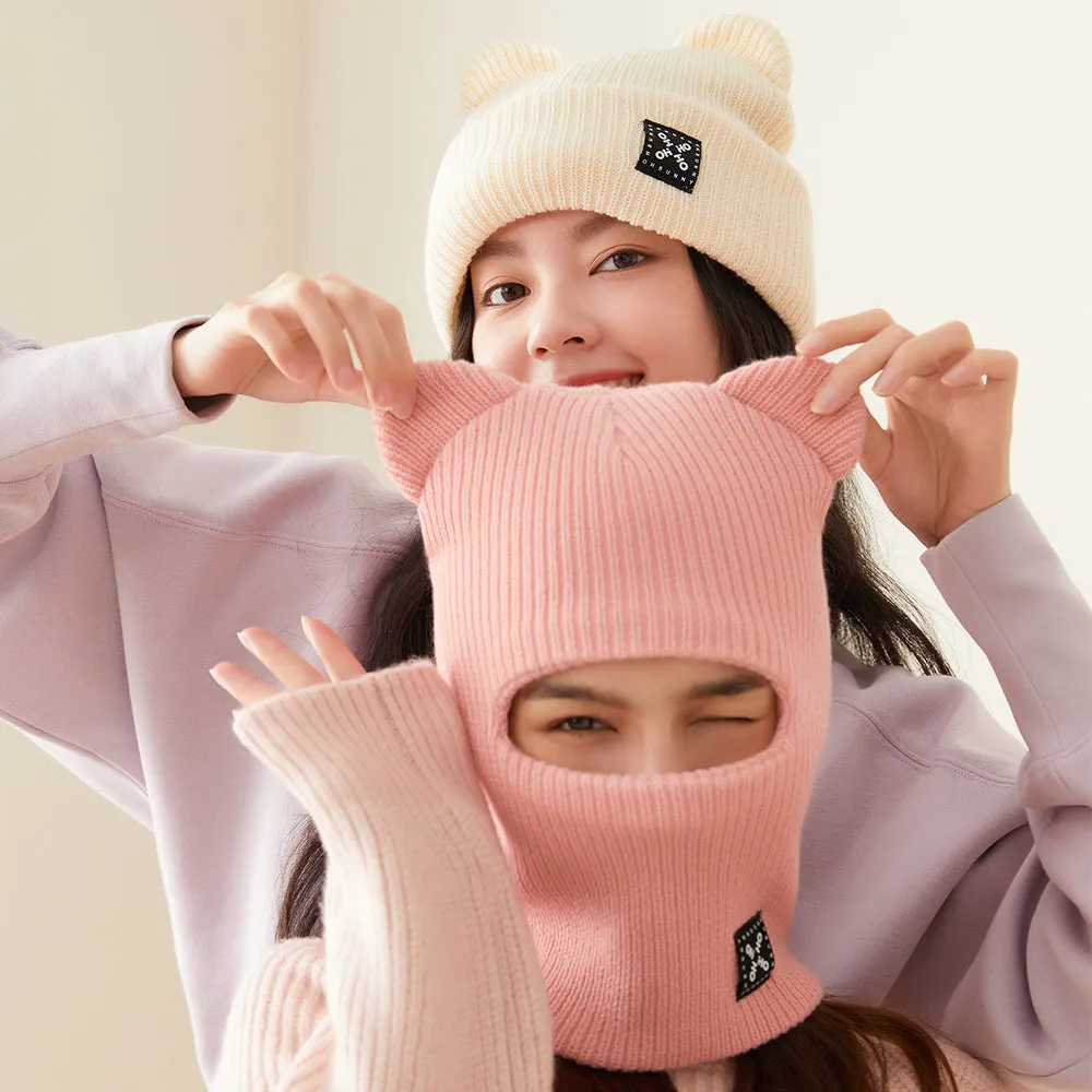 Winter Bear Ear Beanie Warm Knit Full Face Cover Balaclava Ski Hats for Men and Women