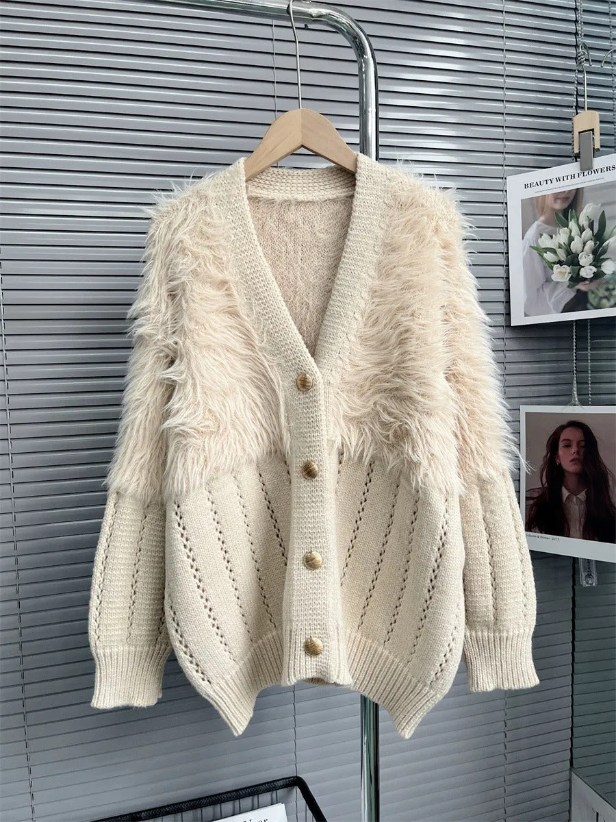 Winter Loose Fake Mink Fleece Patchwork Knitting Long Sleeve