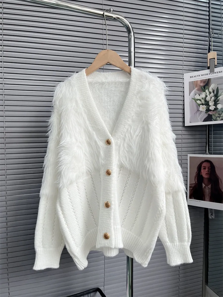 Winter Loose Fake Mink Fleece Patchwork Knitting Long Sleeve