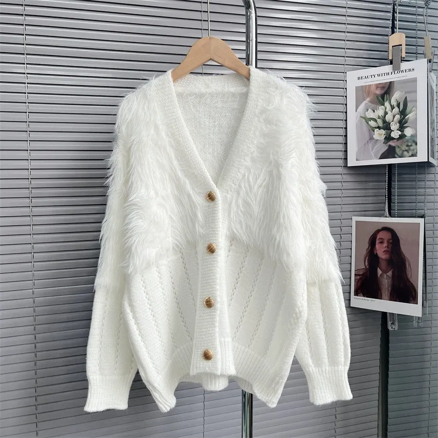 Winter Loose Fake Mink Fleece Patchwork Knitting Long Sleeve