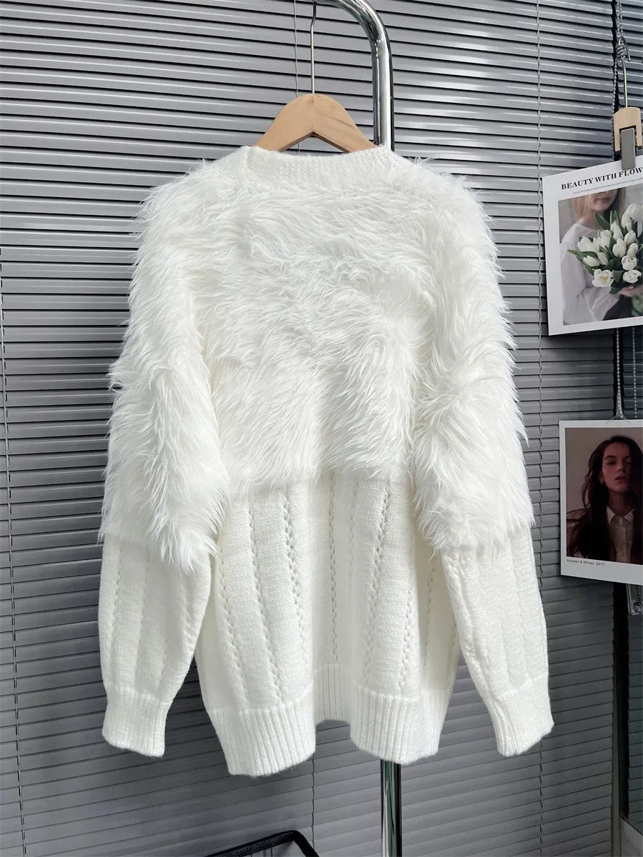 Winter Loose Fake Mink Fleece Patchwork Knitting Long Sleeve