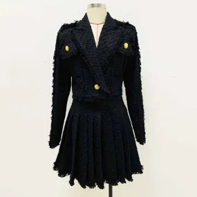 Women Black Tweed V-Neck Blazer   Mid- Waist Skirt Suit / Birthday Party Set