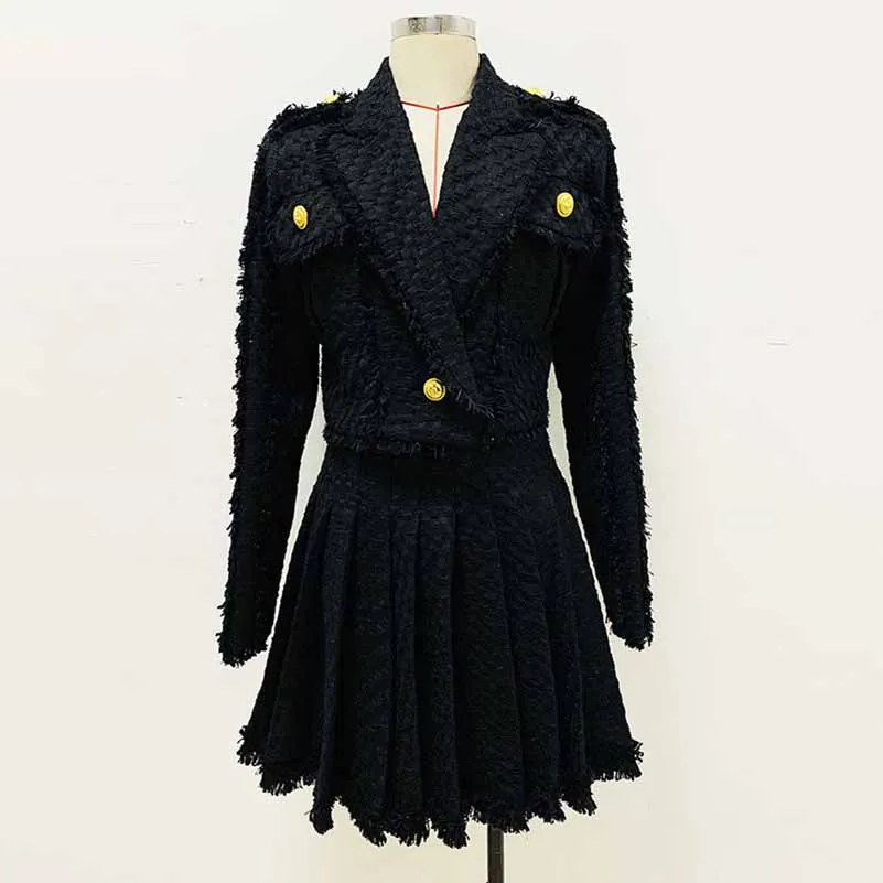 Women Black Tweed V-Neck Blazer   Mid- Waist Skirt Suit / Birthday Party Set