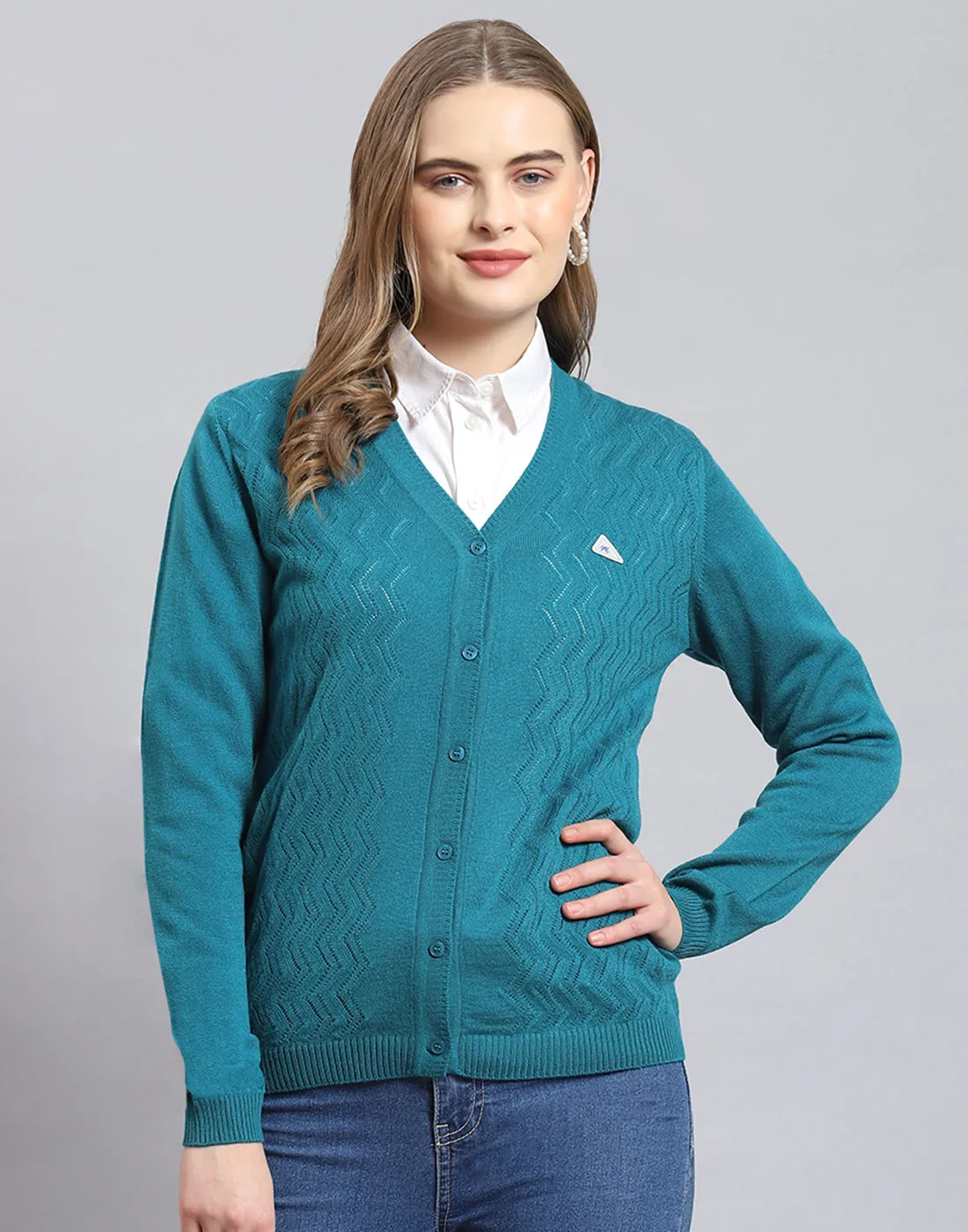 Women Turquoise Blue Self Design V Neck Full Sleeve Cardigan