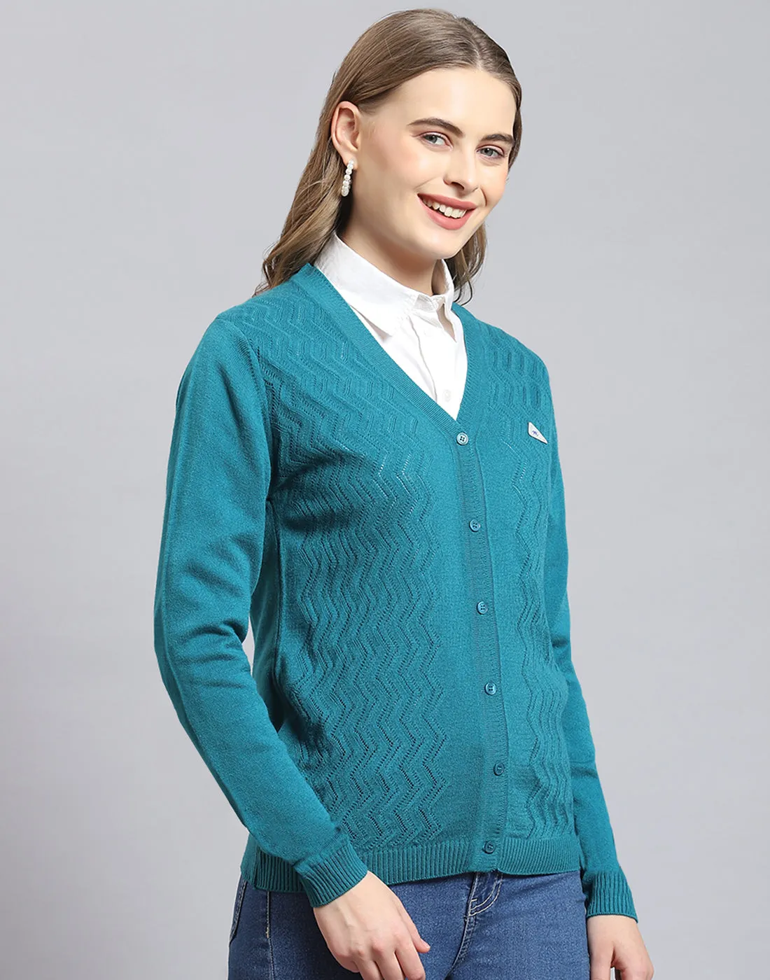 Women Turquoise Blue Self Design V Neck Full Sleeve Cardigan