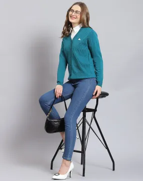 Women Turquoise Blue Self Design V Neck Full Sleeve Cardigan