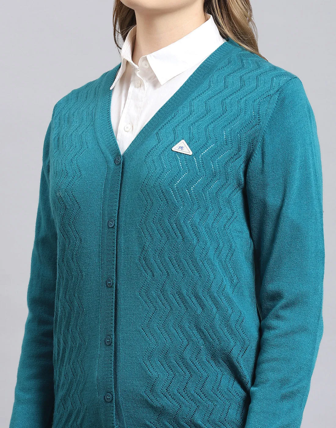 Women Turquoise Blue Self Design V Neck Full Sleeve Cardigan