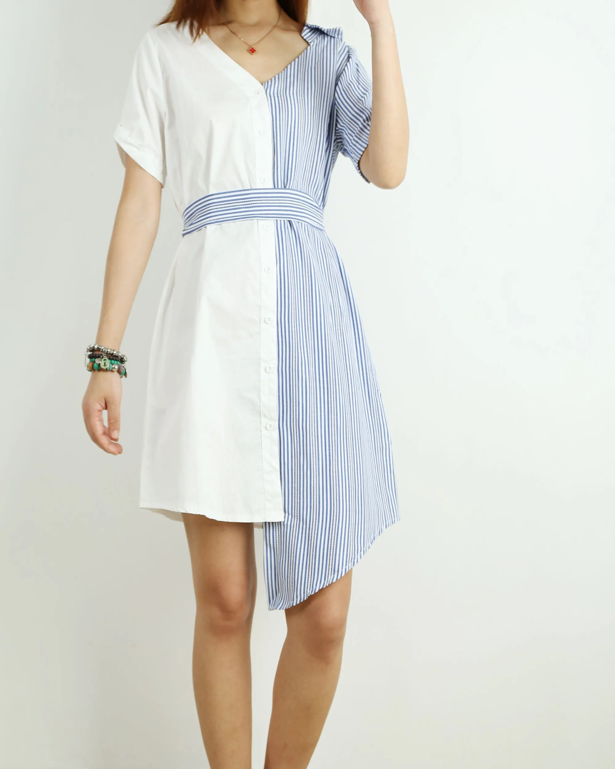 Women's summer short sleeved blouse/white stripe shirt dress/plus size oversized dress/casual customized maternity asymmetrical dress(Y1705)