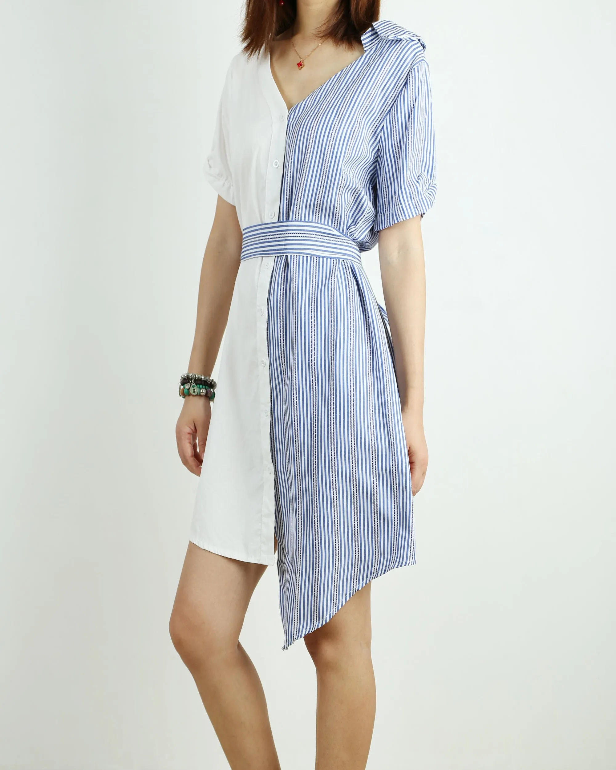 Women's summer short sleeved blouse/white stripe shirt dress/plus size oversized dress/casual customized maternity asymmetrical dress(Y1705)